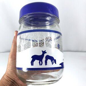 Vintage 80s Glass Jar with Lid Winter Deer Scene